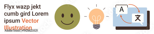 Education, language learning, creativity, communication, innovation, translation. happy face, lightbulb and speech translation icons on a white background. Education and language learning concept