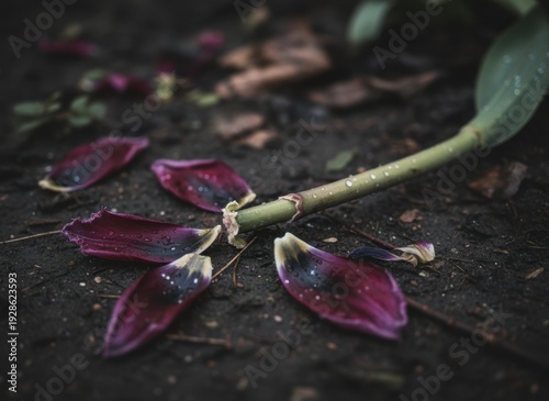 Fallen Purple Tulip Petals Scattered on Dark Soil with Dew Drops Macro Shot with Shallow Depth of Field