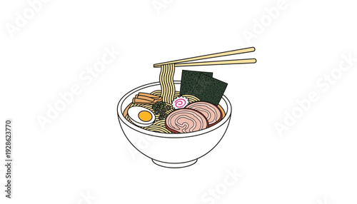 Delicious ramen bowl with chopsticks and toppings