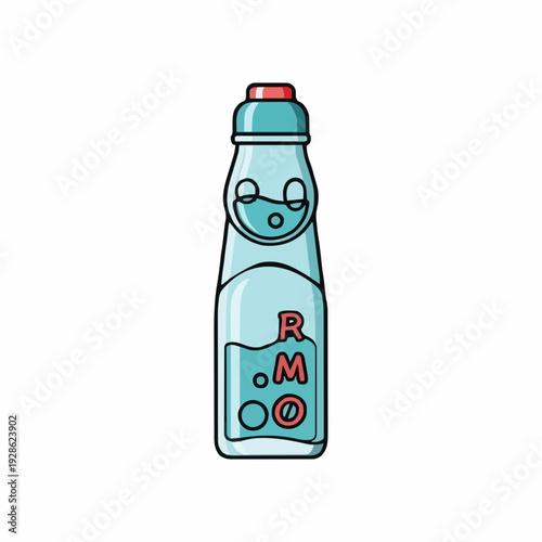 Pixel art illustration of a blue glass bottle with a red cap and a label featuring red circular symbols on a white background