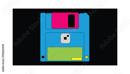 Vintage blue floppy disk with colorful accents on black background