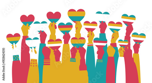 People from diverse backgrounds raising colorful hearts to the sky, symbol of love, unity, support, togetherness and community.