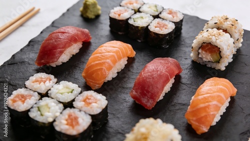 Fresh Assorted Sushi Set with Salmon and Tuna Nigiri on Dark Slate Background Top View