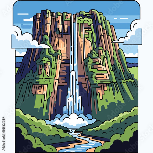 Majestic waterfall cascading down steep mountain cliffs surrounded by lush green tropical jungle