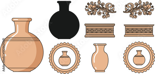Clay Pot and Vase Vector Illustration Set with Terracotta Ceramic Jugs Silhouette Icons Ornate Floral Patterns and Decorative Pottery Badge Designs
