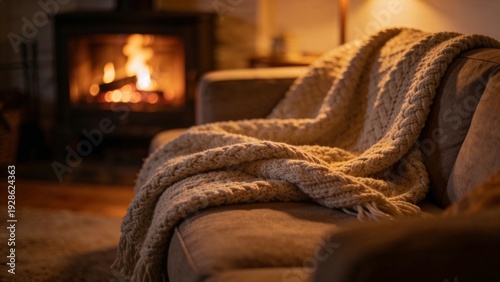 Cozy Home Living Room Background with Blurred Fireplace Warmth and Soft Autumn Ambiance