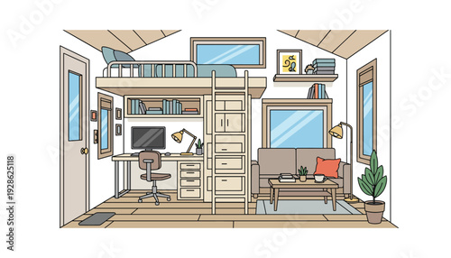 Cozy modern studio apartment with loft bed and desk area
