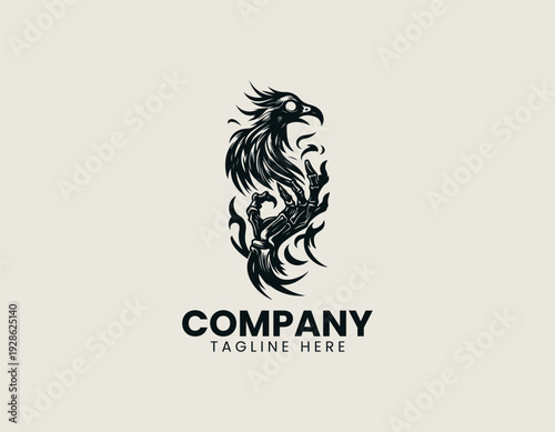 Stylized skeletal bird held by hand with flame backdrop is presented as bold monochrome vector logo on clean white background