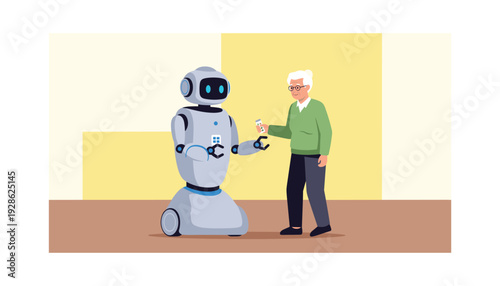 Elderly man interacting with a robot in a modern setting