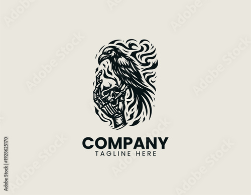 Stylized skeletal bird held by hand with flame backdrop is presented as bold monochrome vector logo on clean white background