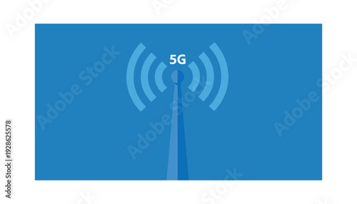 Modern 5G network tower with signal waves on blue background