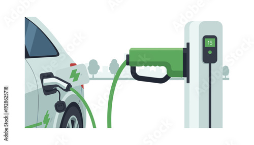 Electric car charging at modern green energy station
