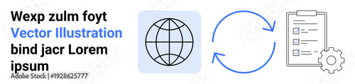 Workflow automation, global communication, process management, business strategy, data synchronization, organization. Globe, refresh arrows clipboard and gear icons. Workflow automation and global