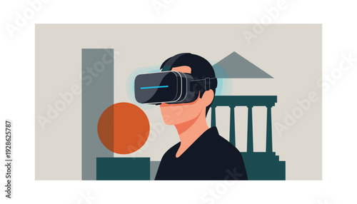 Man experiencing virtual reality with VR headset in modern space