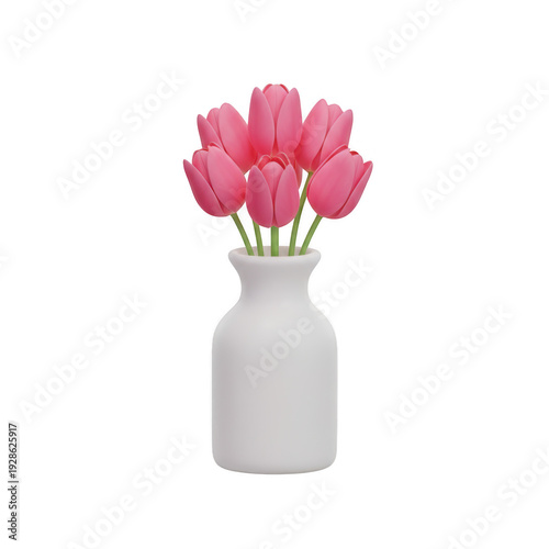 3D rendered pink tulips in white vase isolated on transparent background