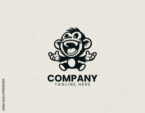 Playful cartoon monkey character with wide smile is presented as bold monochrome vector logo on clean white background