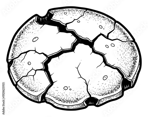 Large cracked circular stone plate or dry earth crust in vintage engraving style