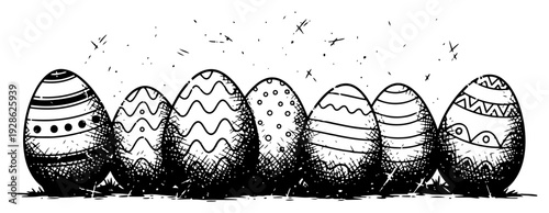 Row of decorated Easter eggs in vintage woodcut engraving style