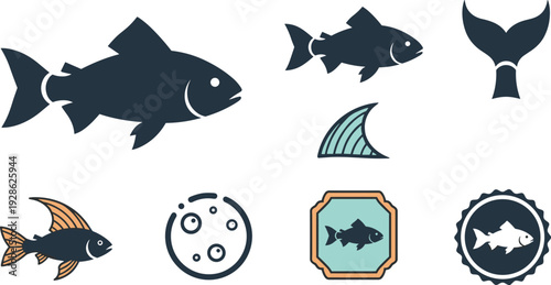 Fish and Marine Life Vector Illustration Set with Salmon Silhouettes Fish Tail Fin Water Bubbles and Decorative Aquatic Badge Icons for Fishing Design