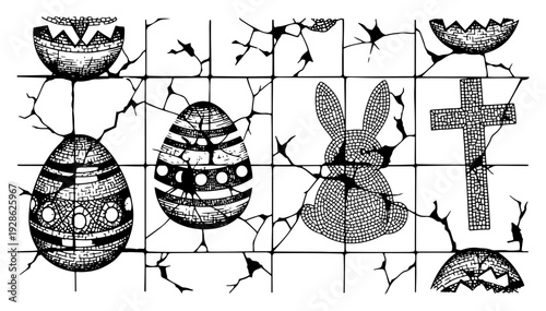 Vintage engraving style tiles with cracking Easter eggs bunny and cross symbols