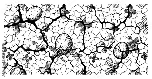 Cracked dry ground texture with hidden Easter eggs and flower patterns