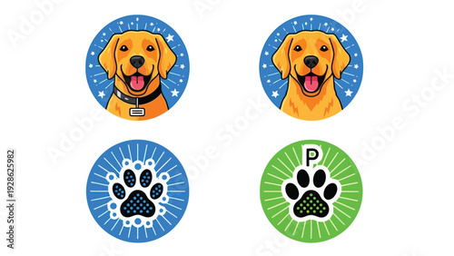 Four playful animal icons featuring a dog, cat, and two stylized creatures
