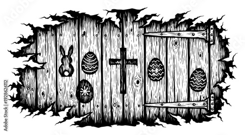 Rustic wooden door with easter eggs and bunny inside a torn frame