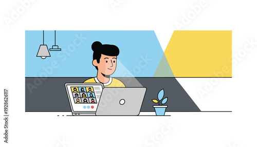 Remote worker on video call with colleagues in modern office space