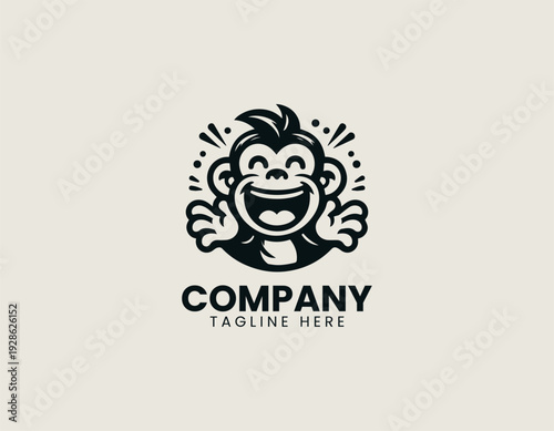 Playful cartoon monkey character with wide smile is presented as bold monochrome vector logo on clean white background