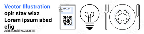 Education, innovation, technology, digital solutions, food for thought, knowledge sharing. Features QR code on phone, light bulb brain on a plate. Education and innovation concept