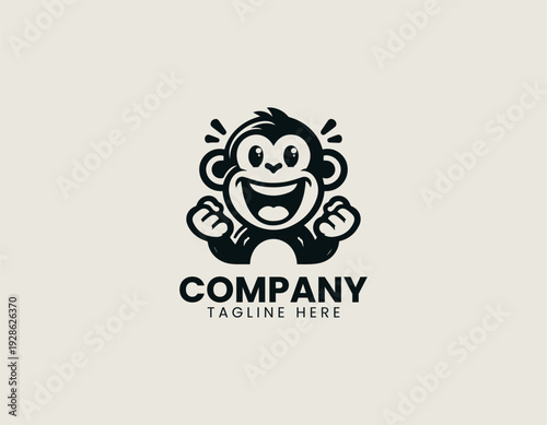 Playful cartoon monkey character with wide smile is presented as bold monochrome vector logo on clean white background