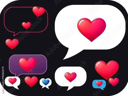 Speech bubble icon set with heart symbols, conveying love and social media interactions, vector EPS,  set,  chat