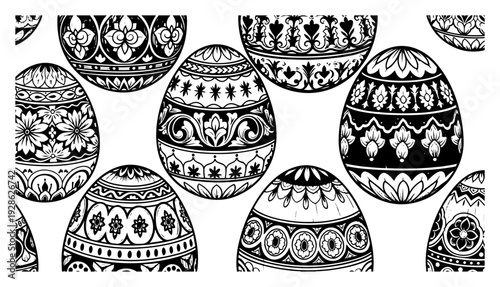 Seamless pattern of ornate easter eggs with intricate floral and geometric decorations