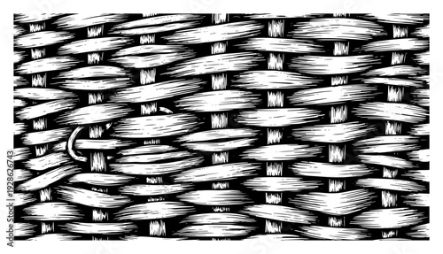 Detailed close up texture of woven wicker basket material in vintage engraving style