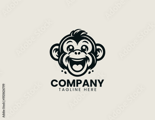 Playful cartoon monkey character with wide smile is presented as bold monochrome vector logo on clean white background