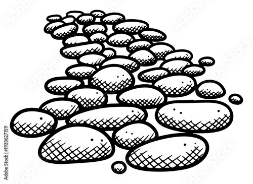 Perspective view of a cobblestone path in vintage woodcut engraving style