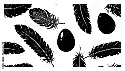 Seamless pattern with silhouettes of bird feathers and eggs