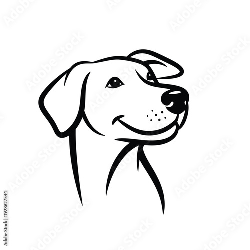 A cheerful and attentive yellow labrador retriever looking to the side with a wagging tail