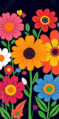 Bold, colorful flower illustrations, cheerful and playful,  pattern,  graphic
