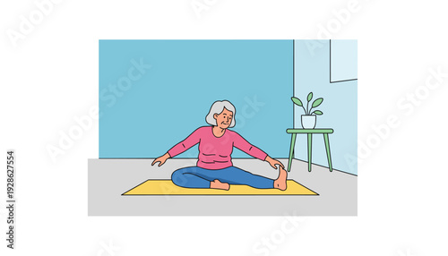 Senior woman practicing yoga at home on colorful mat