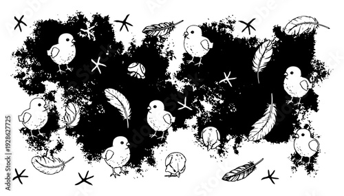 Grungy pattern with cute baby chicks and feathers on distressed ink background