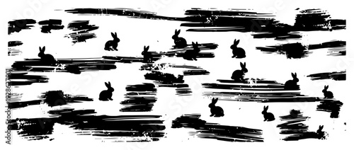 Abstract field pattern with black rabbit silhouettes and grunge brush strokes