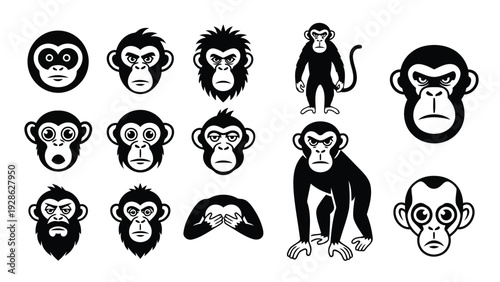 Collection of stylized monkey faces with various expressions and poses