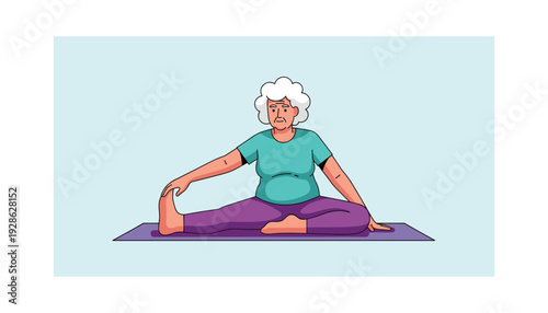 Senior woman stretching on yoga mat in purple pants and teal shirt
