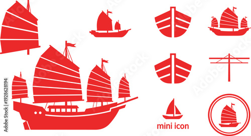 Chinese Junk Ship Vector Illustration Set with Traditional Red Sailing Vessel Silhouettes Junk Boat Bow Icons and Mast Detail Symbols for Nautical Design