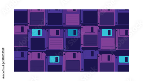 Vibrant purple and blue floppy disks in repeating pattern