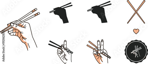 Chopsticks and Hand Gestures Vector Illustration Set with Hands Holding Chopsticks Silhouette Icons Crossed Sticks Heart Symbol and Decorative Asian Dining Badges