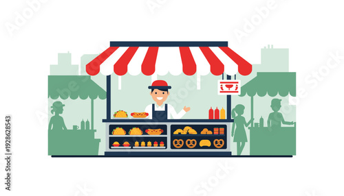 Happy food vendor serving delicious street food to hungry customers