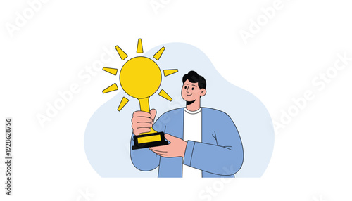 Man holding bright trophy with sunburst design with a happy face