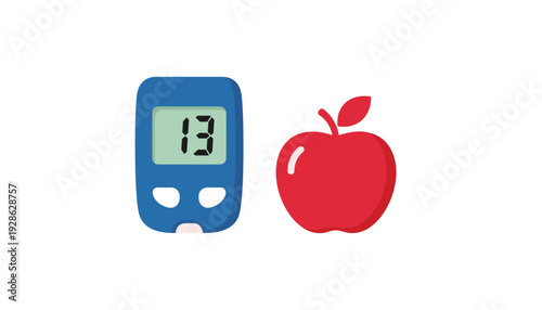 Blood glucose meter and red apple for diabetes management